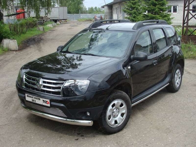 Защита передняя овальная длинная с ДХО 75х42 мм ТСС для Renault Duster 2011-2015
